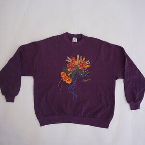 Vintage Jerzees Plum Autumn Harvest Floral Leaf Wheat Bouquet Grandmacore XL